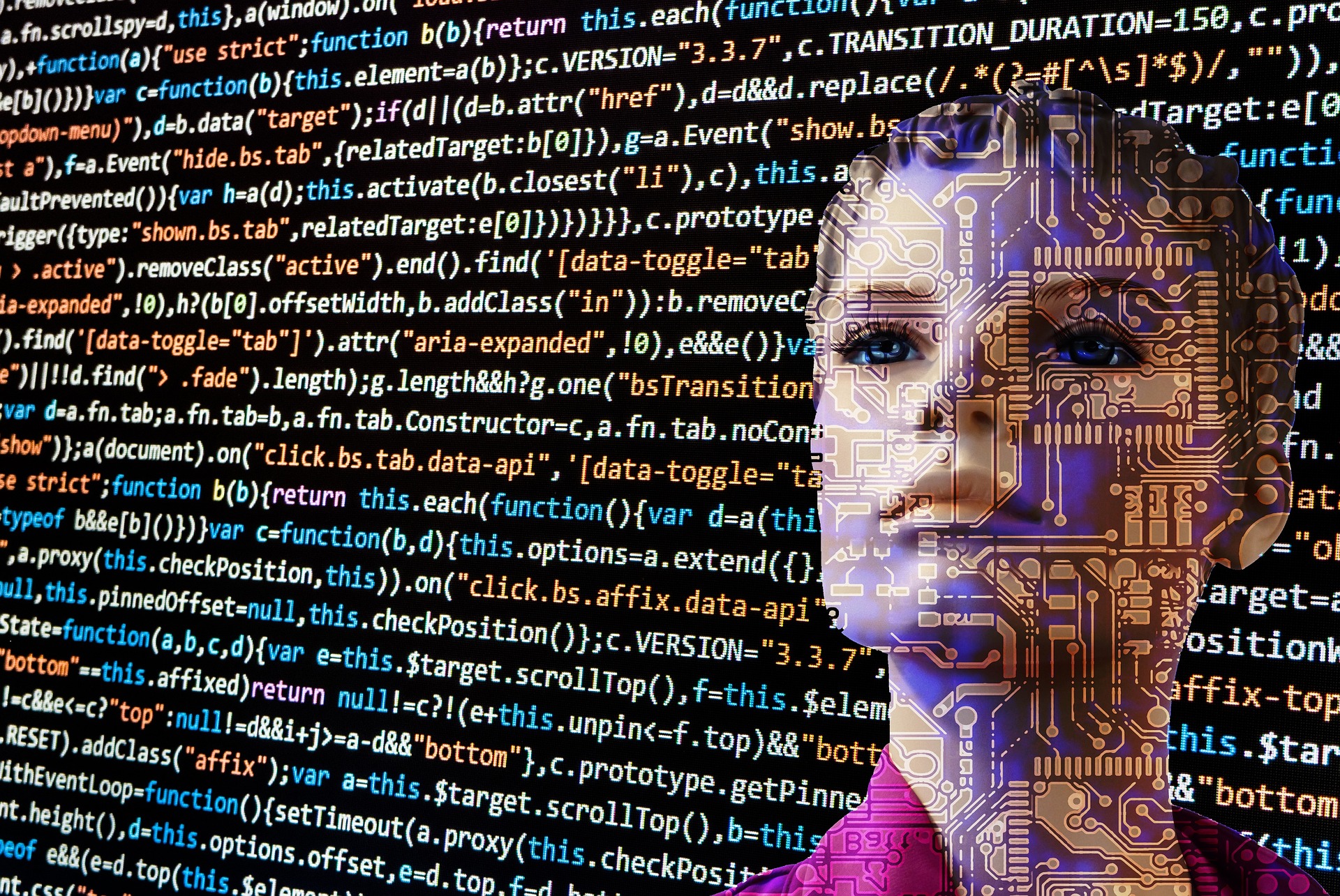 a female android reading a screen of javascript code